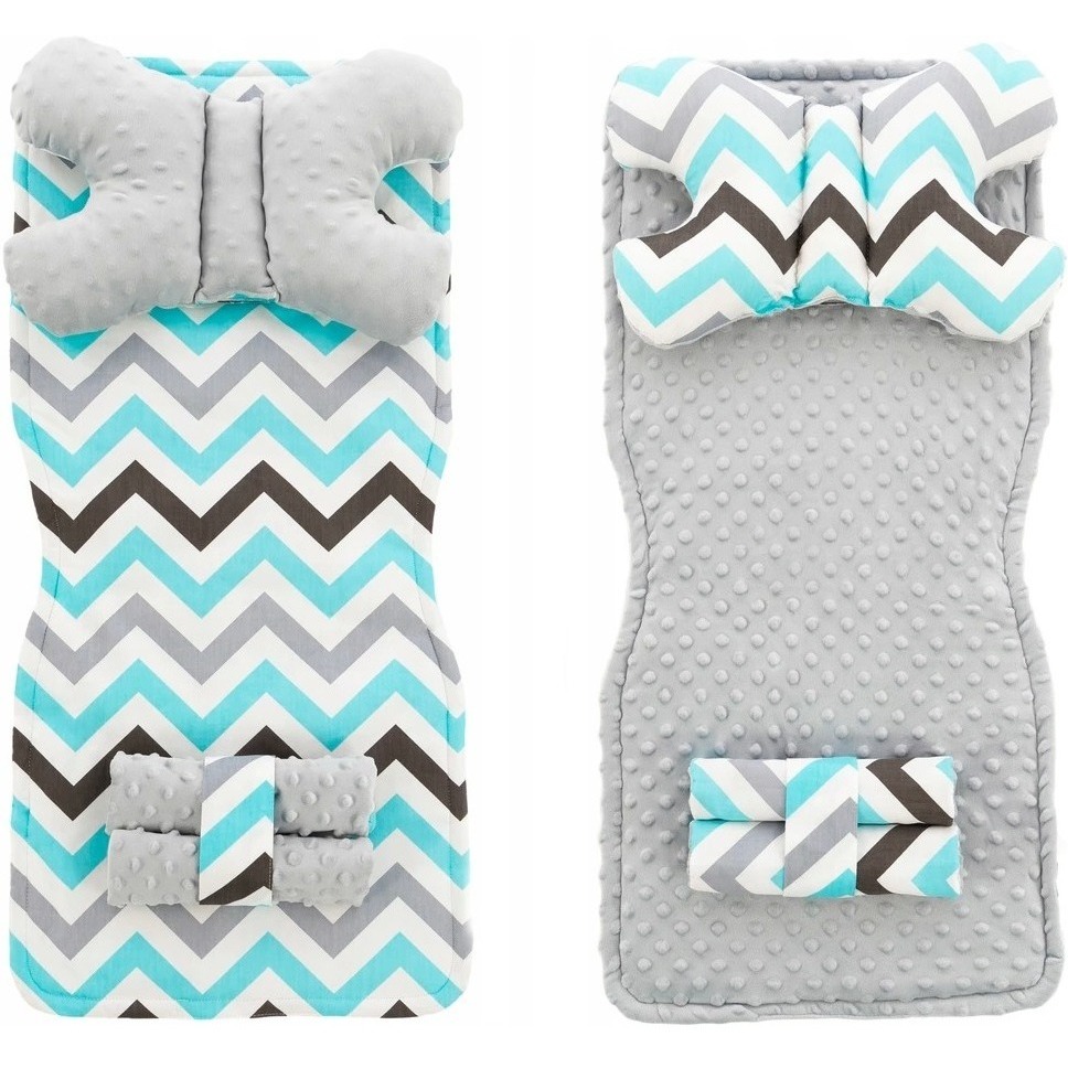 Set 5 in 1 Minky pentru carucior salteluta perna 2 protectii centuri si curelusa Tutumi AlbastruGri Zig Zag 1 Set 5 in 1 Minky pentru carucior salteluta perna 2 protectii centuri si curelusa Tutumi AlbastruGri Zig Zag
