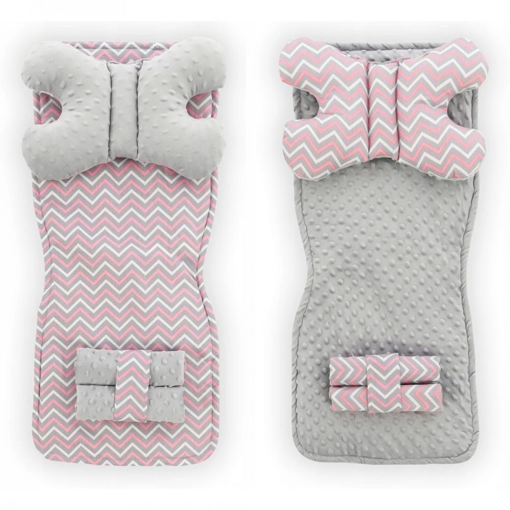Set 5 in 1 Minky pentru carucior salteluta perna 2 protectii centuri si curelusa Tutumi RozGri Zig Zag 1 Set 5 in 1 Minky pentru carucior salteluta perna 2 protectii centuri si curelusa Tutumi RozGri Zig Zag