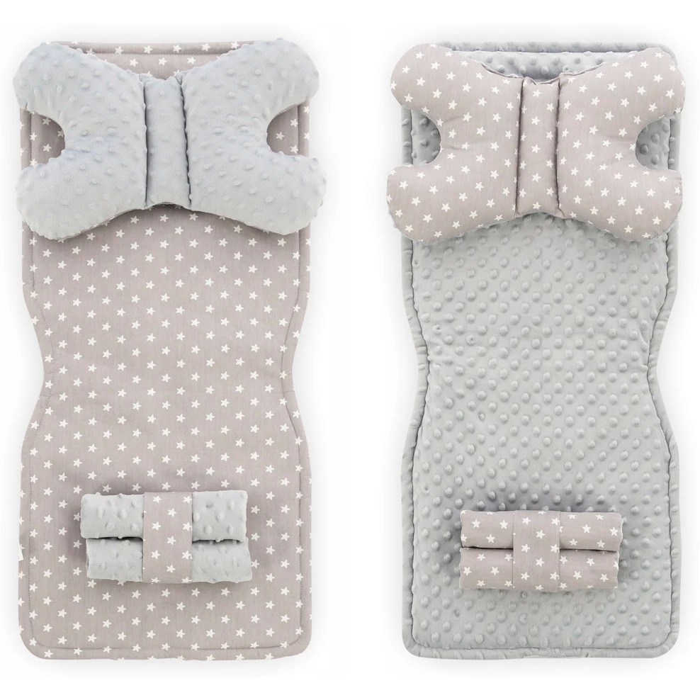 Set 5 in 1 Minky pentru carucior salteluta perna 2 protectii centuri si curelusa Tutumi GriAlb Stelute 1 Set 5 in 1 Minky pentru carucior salteluta perna 2 protectii centuri si curelusa Tutumi GriAlb Stelute
